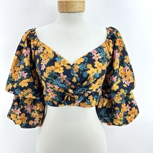 Floral Milkmaid Crop Top M Puff Sleeve Smocked Cottagecore Boho Peasant Festival
